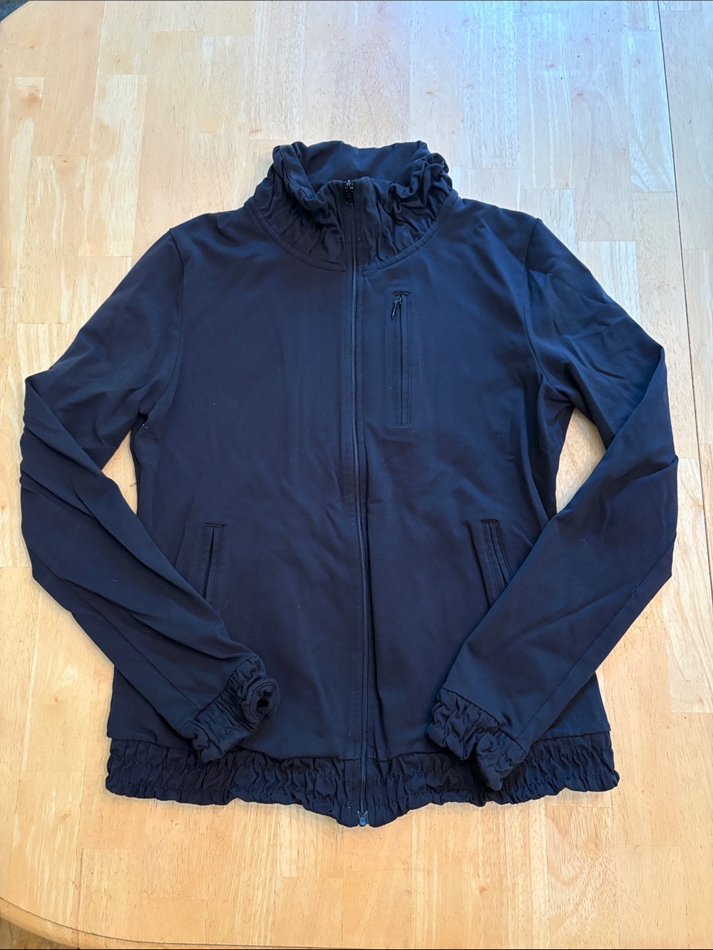 Prana Black Zip-Front Utility Jacket with Ruffle Trim